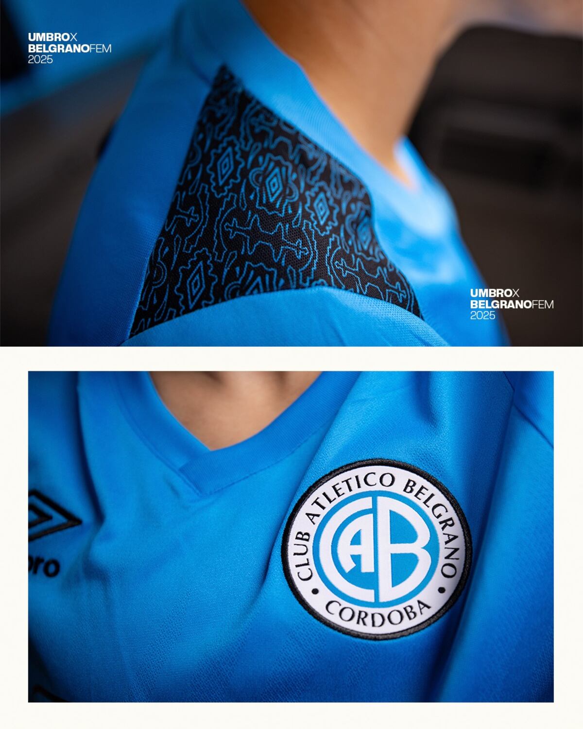 El equipo femenino de Belgrano presentó su nueva camiseta Umbro y confirmó la continuidad del patrocinio de Bergallo y Pastrone hasta 2026. (Prensa Belgrano)