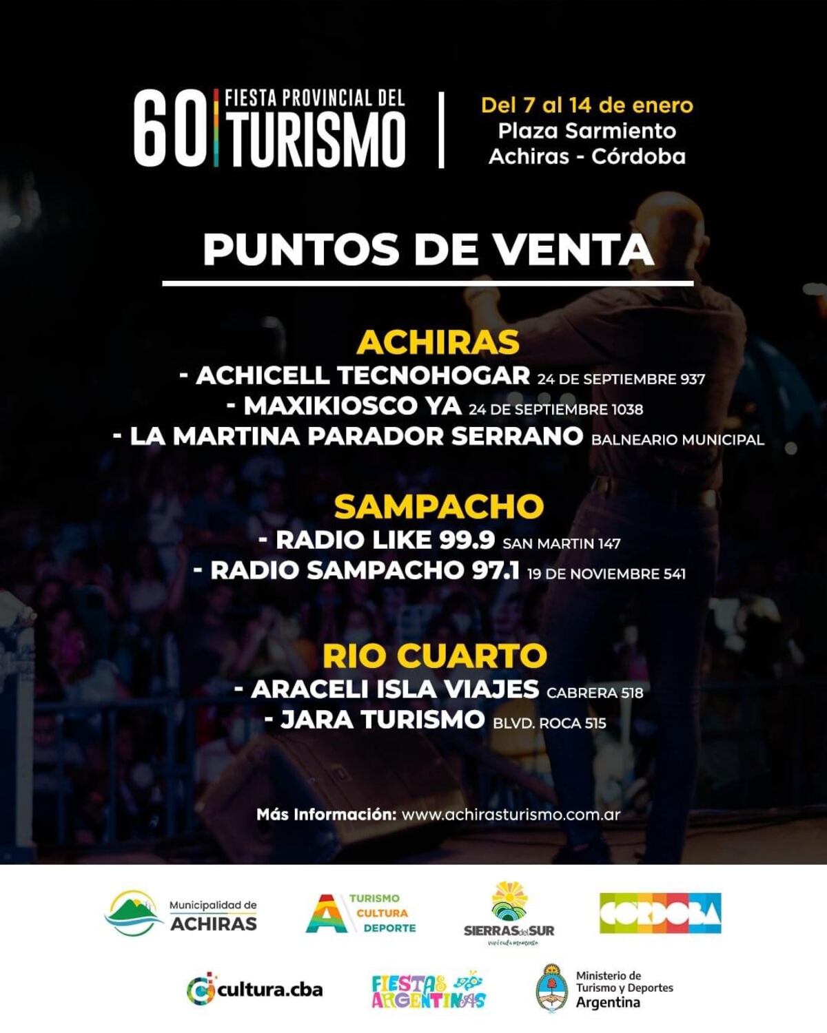 Punto de ventas de entradas para la edición 60 de la Fiesta Provincial del Turismo en Achiras, Córdoba.