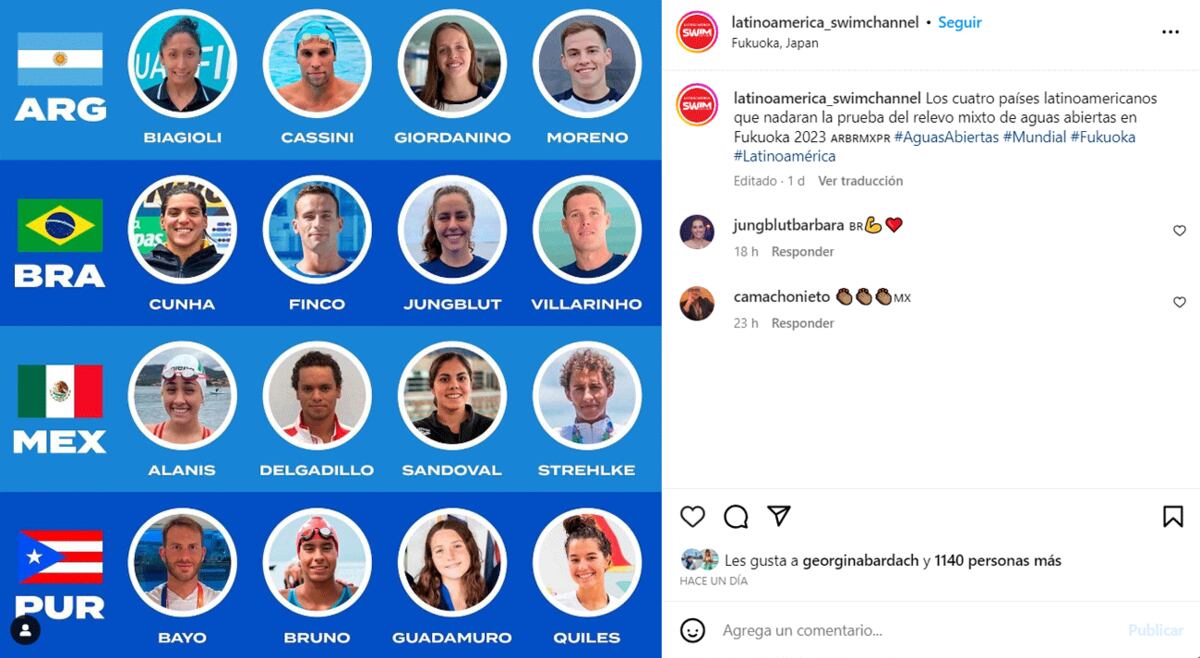 Cecilia Biagioli integra el relevo mixto argentino que compite en el Mundial de Fukuoka. (@latinoamerica_swimchannel)