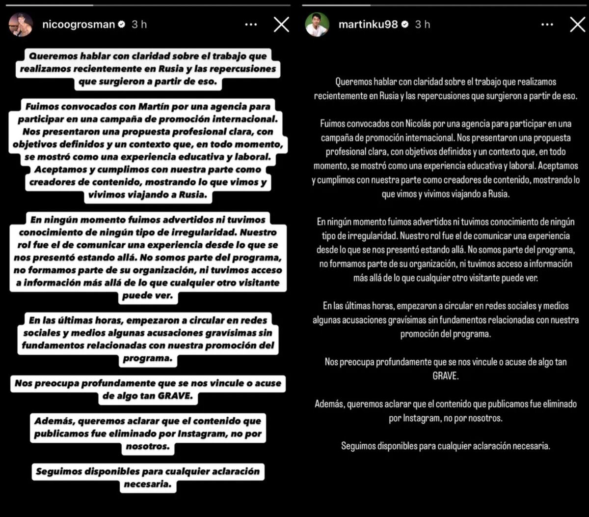 El comunicado que sacaron Nicolás Grosman y Martín Ku tras el escándalo por el "programa de empleo" ruso que promocionaron en sus redes sociales. (Foto: Captura de pantalla)