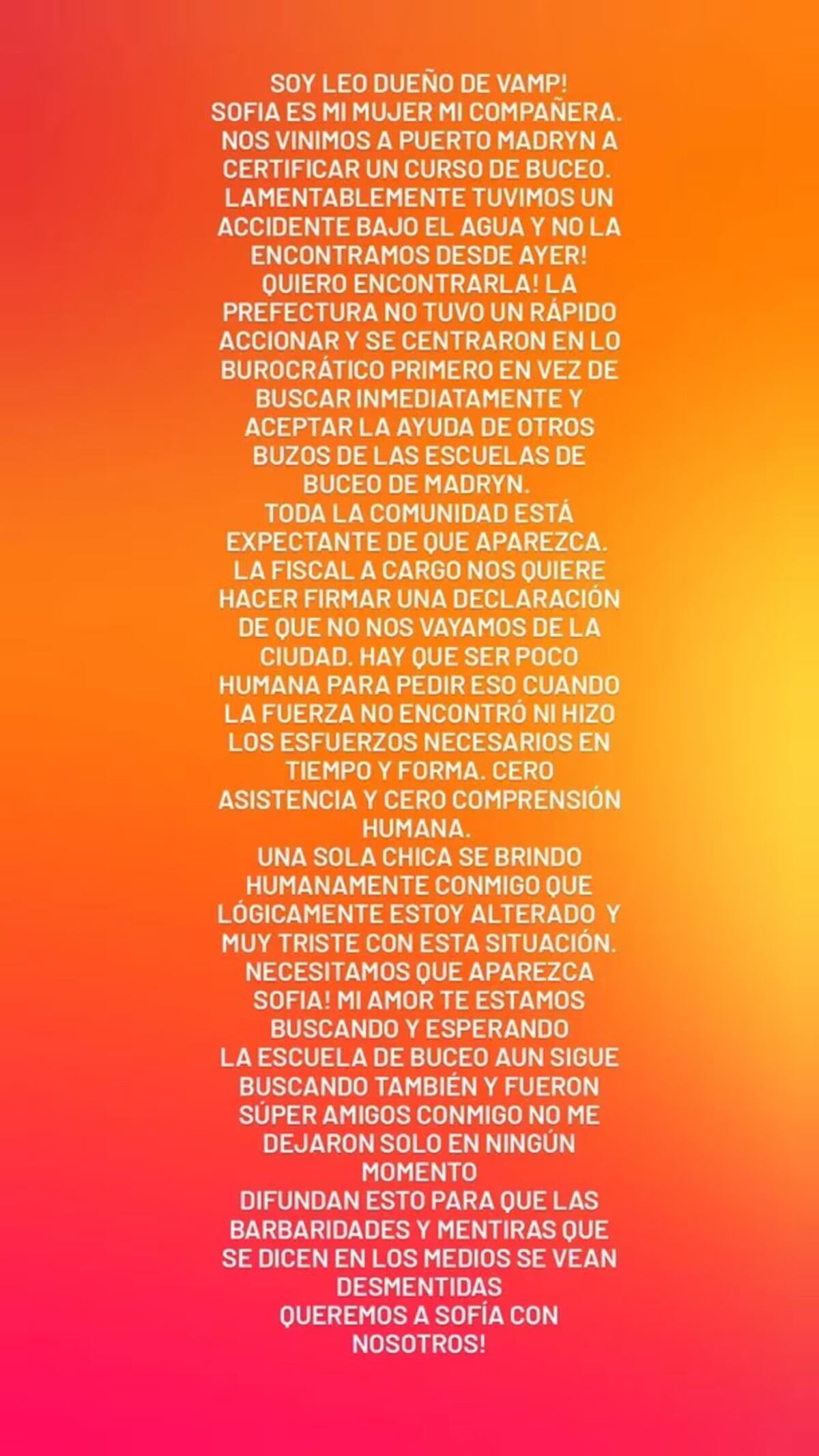 El mensaje que compartió en redes el novio de Sofía Devries (Instagram).