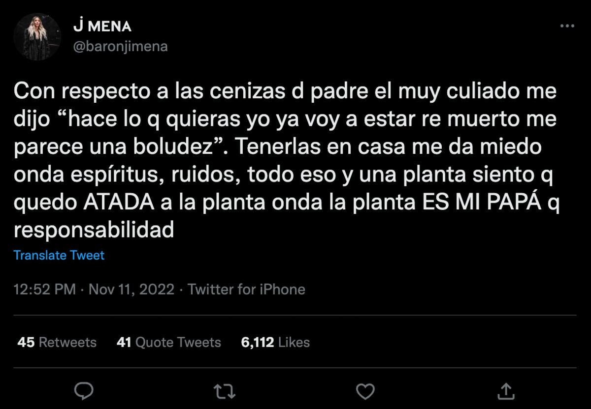 El tuit de Jimena Barón sobre las cenizas de su padre.