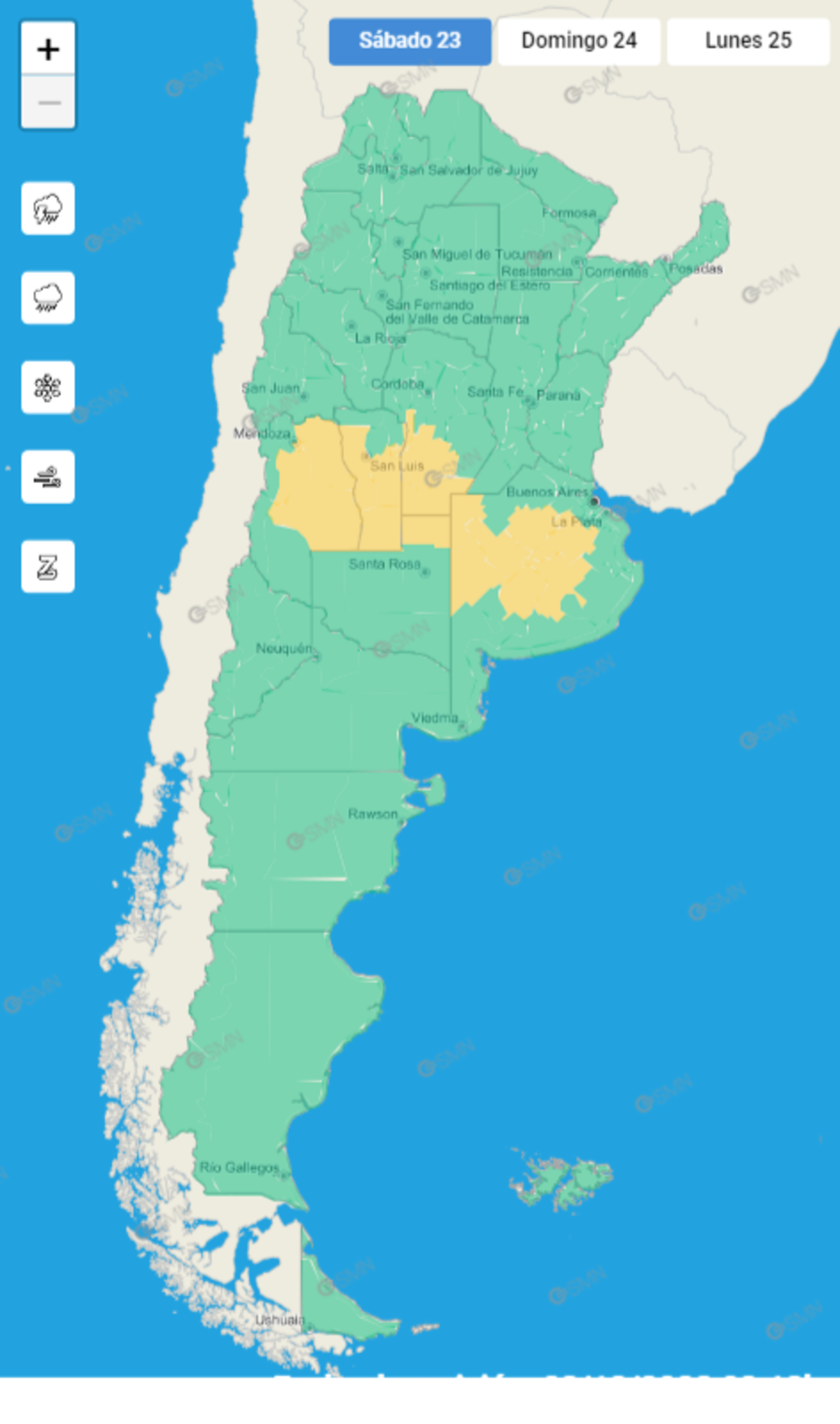 Alertas. Para el sábado 23 y domingo 24 en el sur de Córdoba y otras provincias argentinas (SMN).