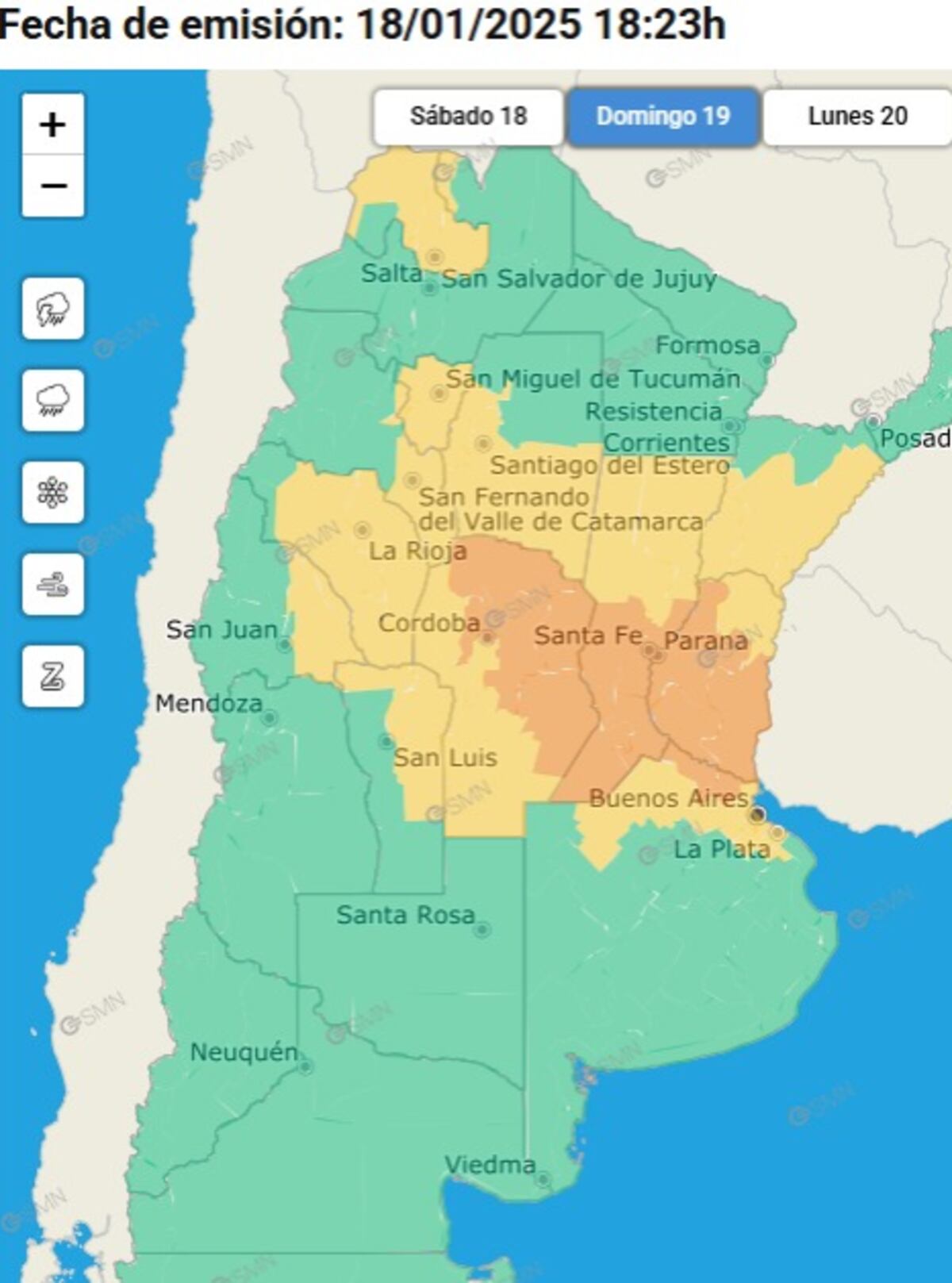 Domingo 19 de enero. Alerta naranja por tormentas fuertes para Córdoba. (SMN / Captura)