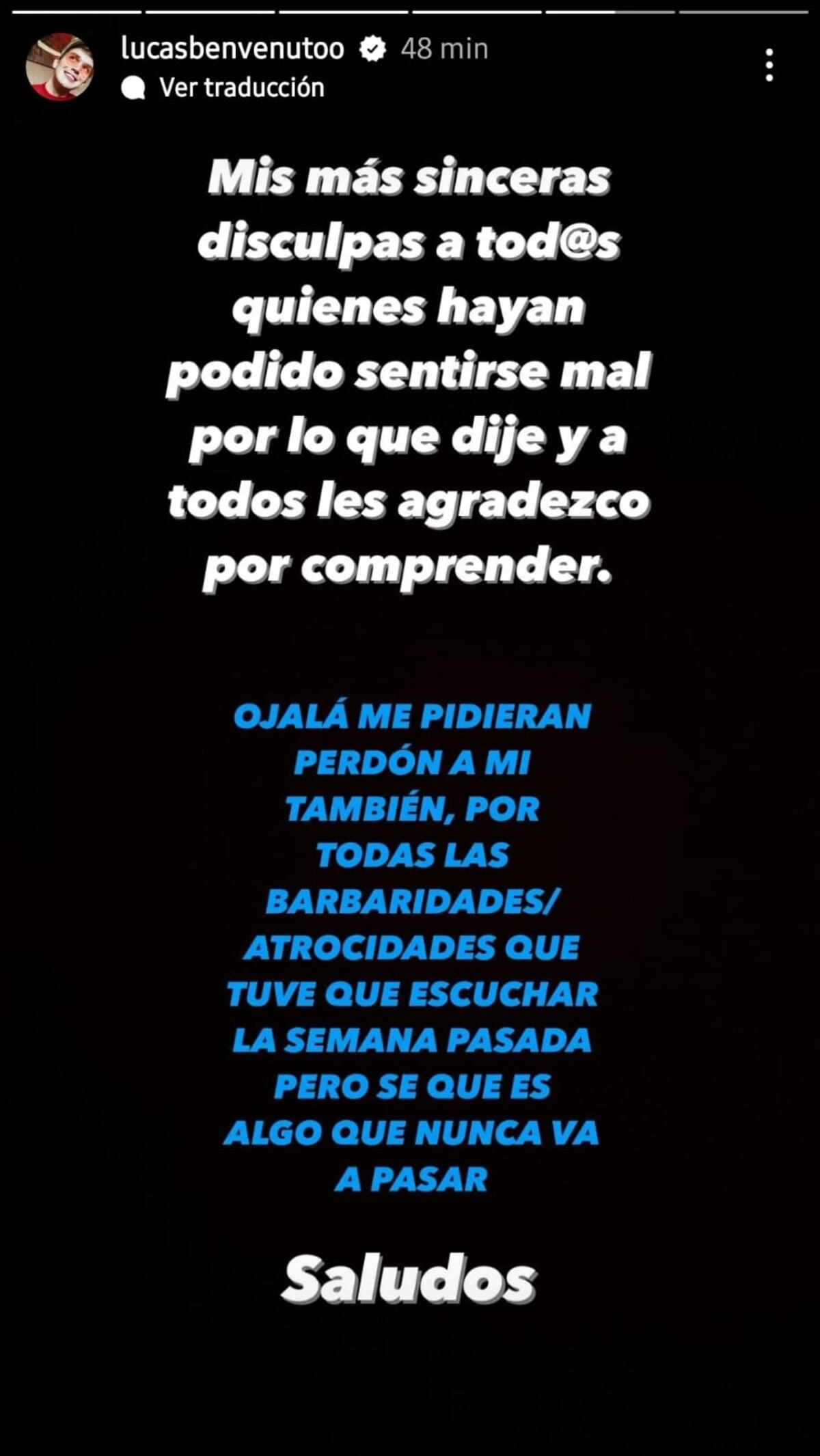 Lucas Benvenuto se disculpó con Flor de la V, pero reflexionó más profundo sobre el tema (Captura de pantalla)