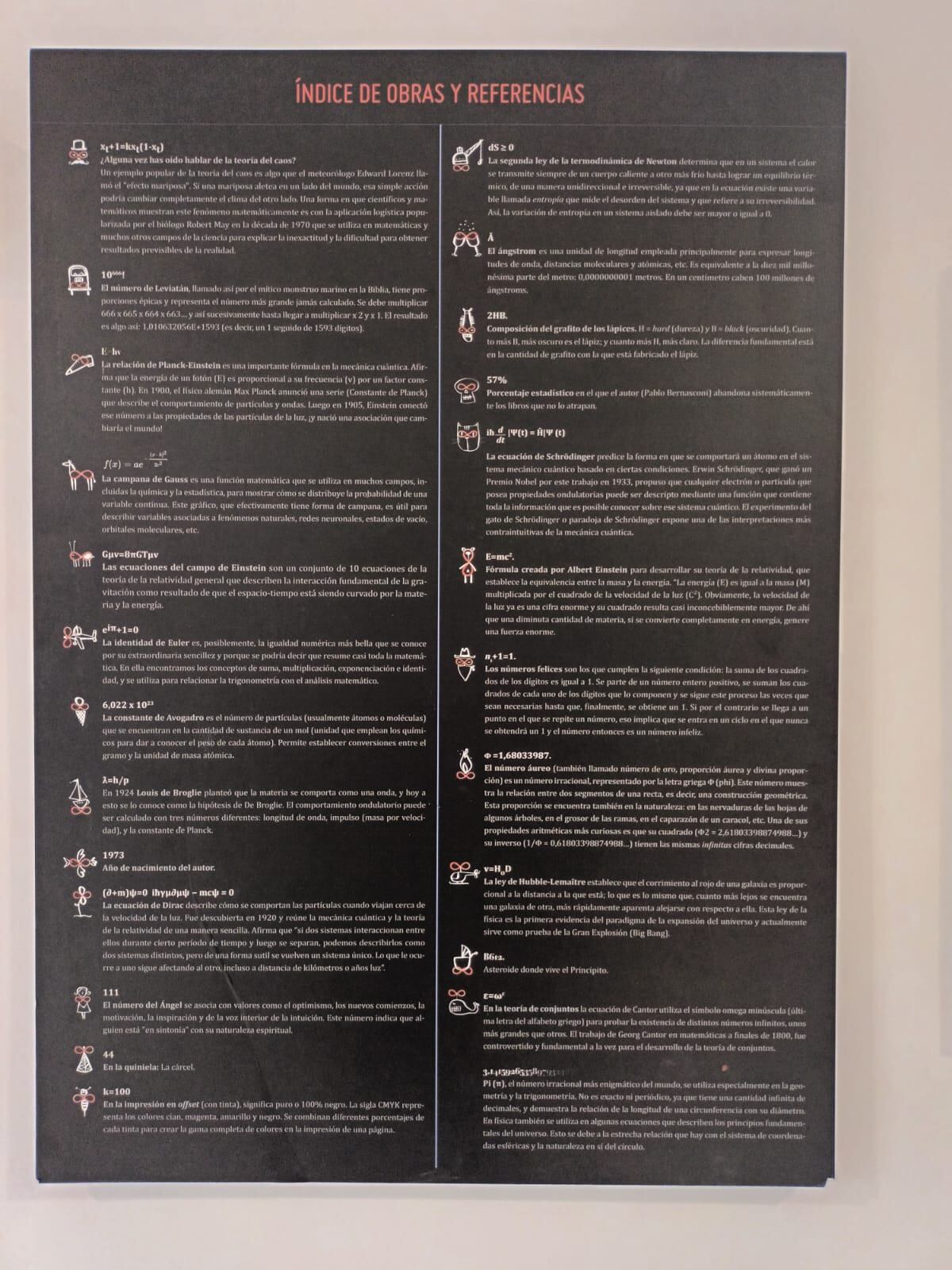 Un panel de obras y referencias permite seguir las teorías y la información en la que se inspiran las ilustraciones y las poesías de "El infinito".