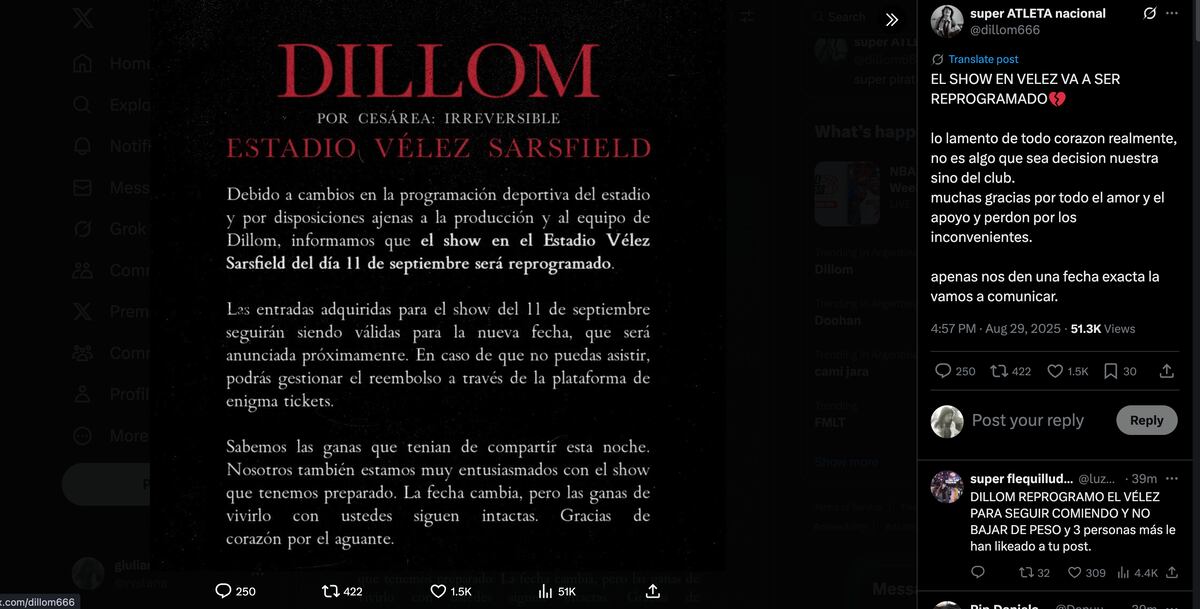 Así comunicó Dillom la reprogramación de su show en Vélez. (Foto: captura de pantalla)