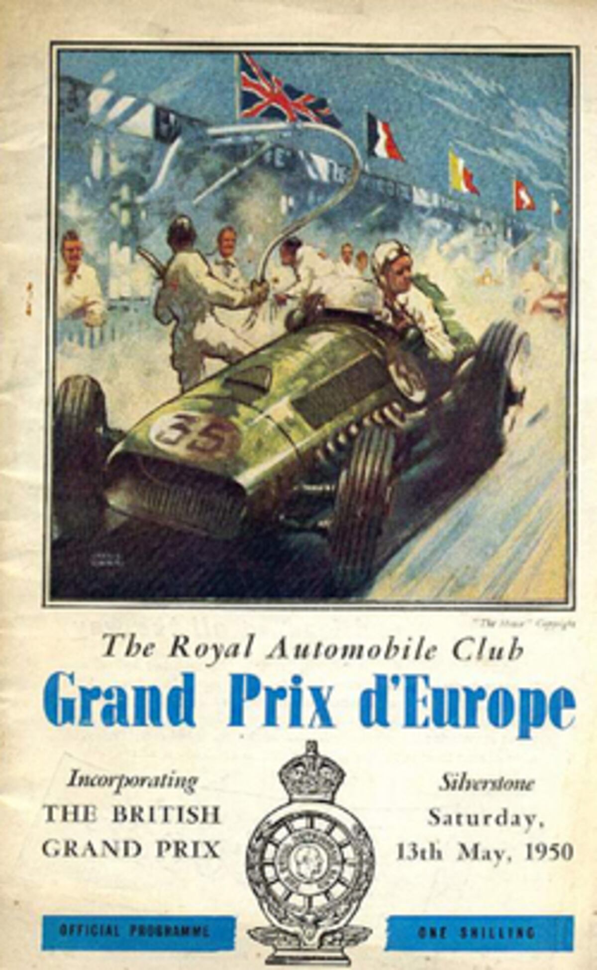 El afiche que da cuenta de lapriemra carrera de Fórmula Uno en 1950, en Silverstone. (Prensa GP de Gran Bretaña)