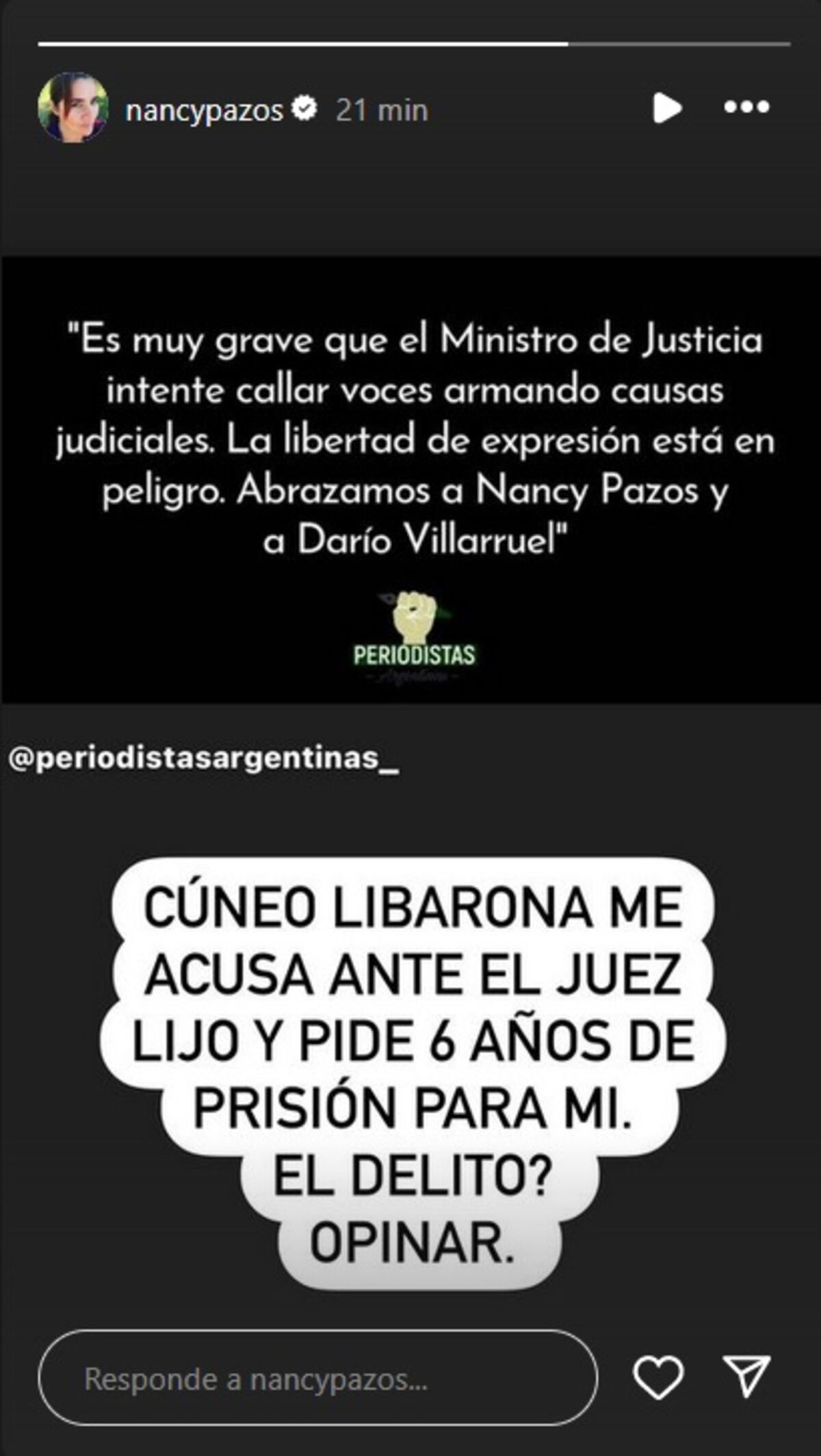 La respuesta de Nancy Pazos ante la denuncia del ministro de Justicia, Mariano Cúneo Libarona. (Instagram @nancypazos).
