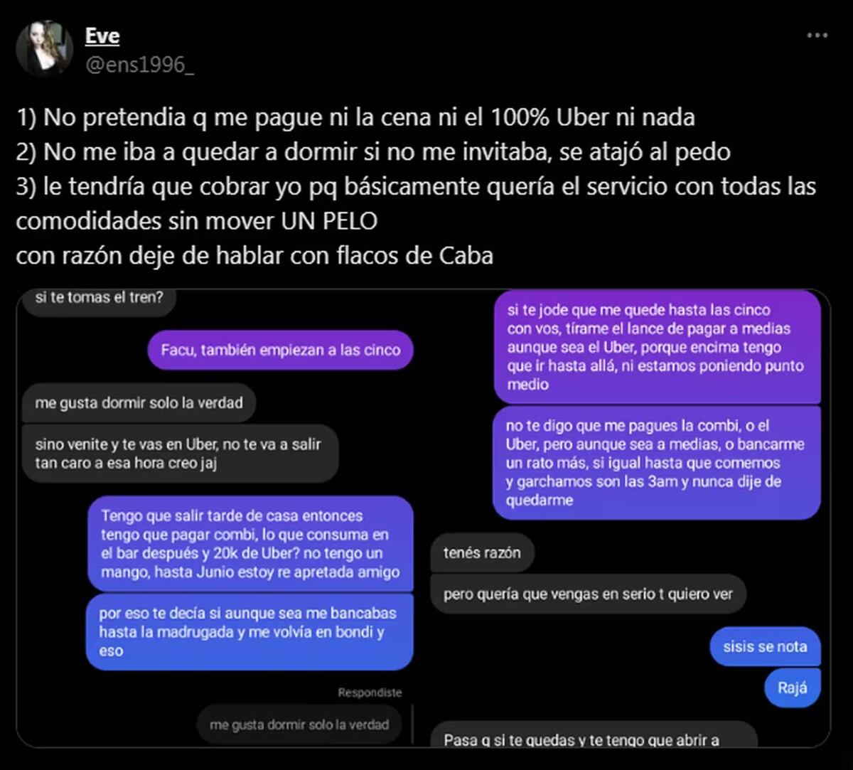 La conversación entre una joven y su cita que se volvió viral por las sucesivas respuestas del caballero.