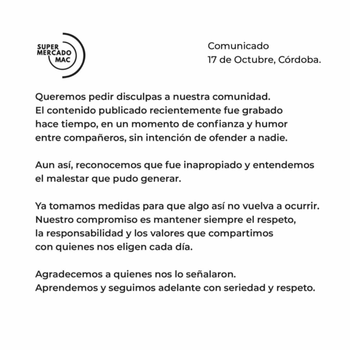 Comunicado de Supermercado Mac