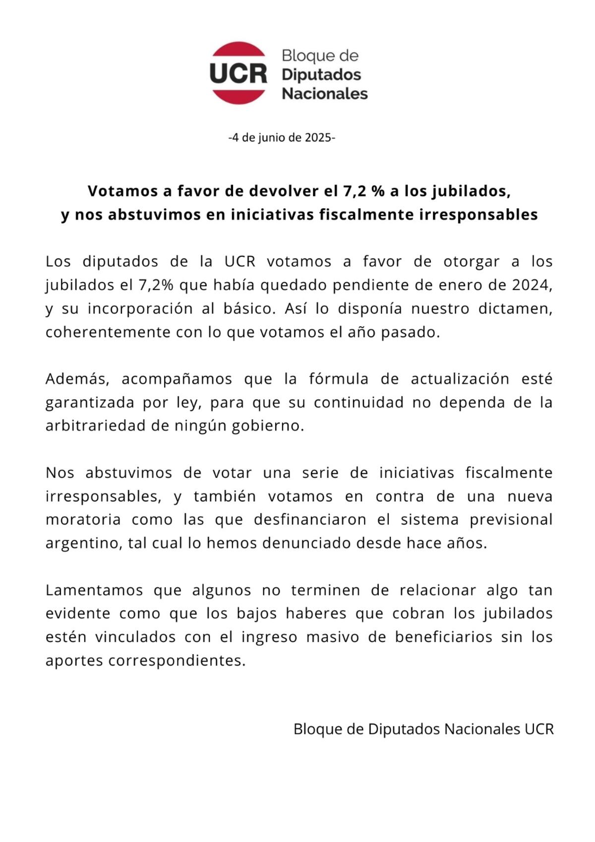 El comunicado del bloque de diputados de la UCR respecto de la votación de este miércoles.