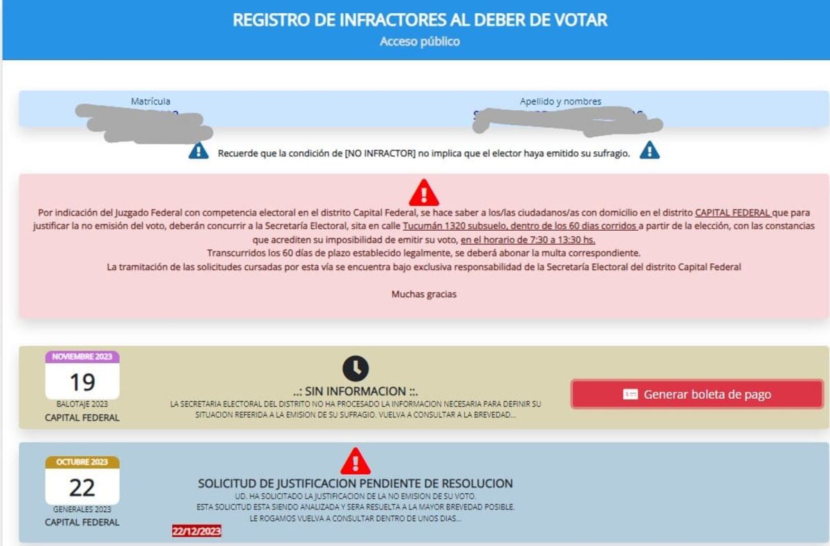 El mensaje que aparece en el Registro de Infractores al momento de intentar justificar el voto.