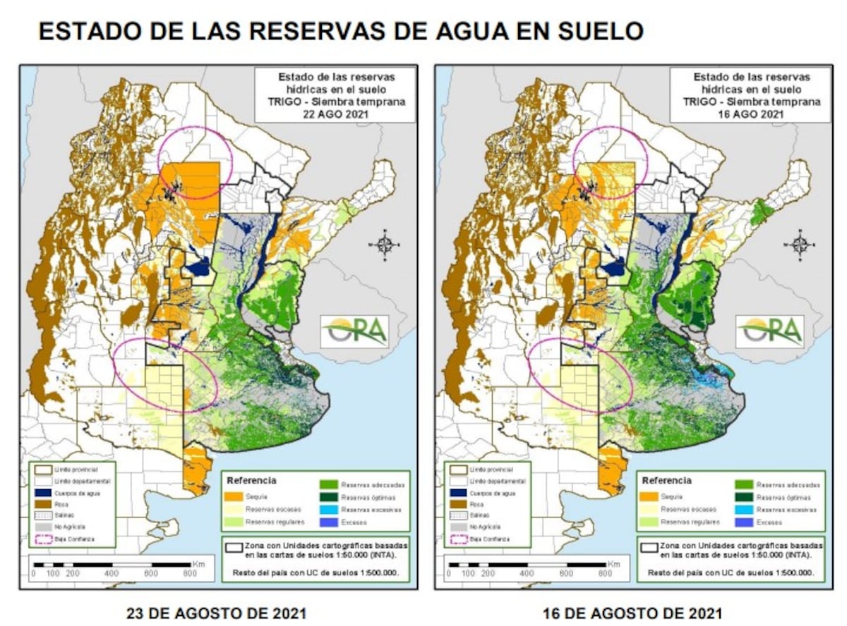 Mapa de reservas hídricas al 23 de agosto