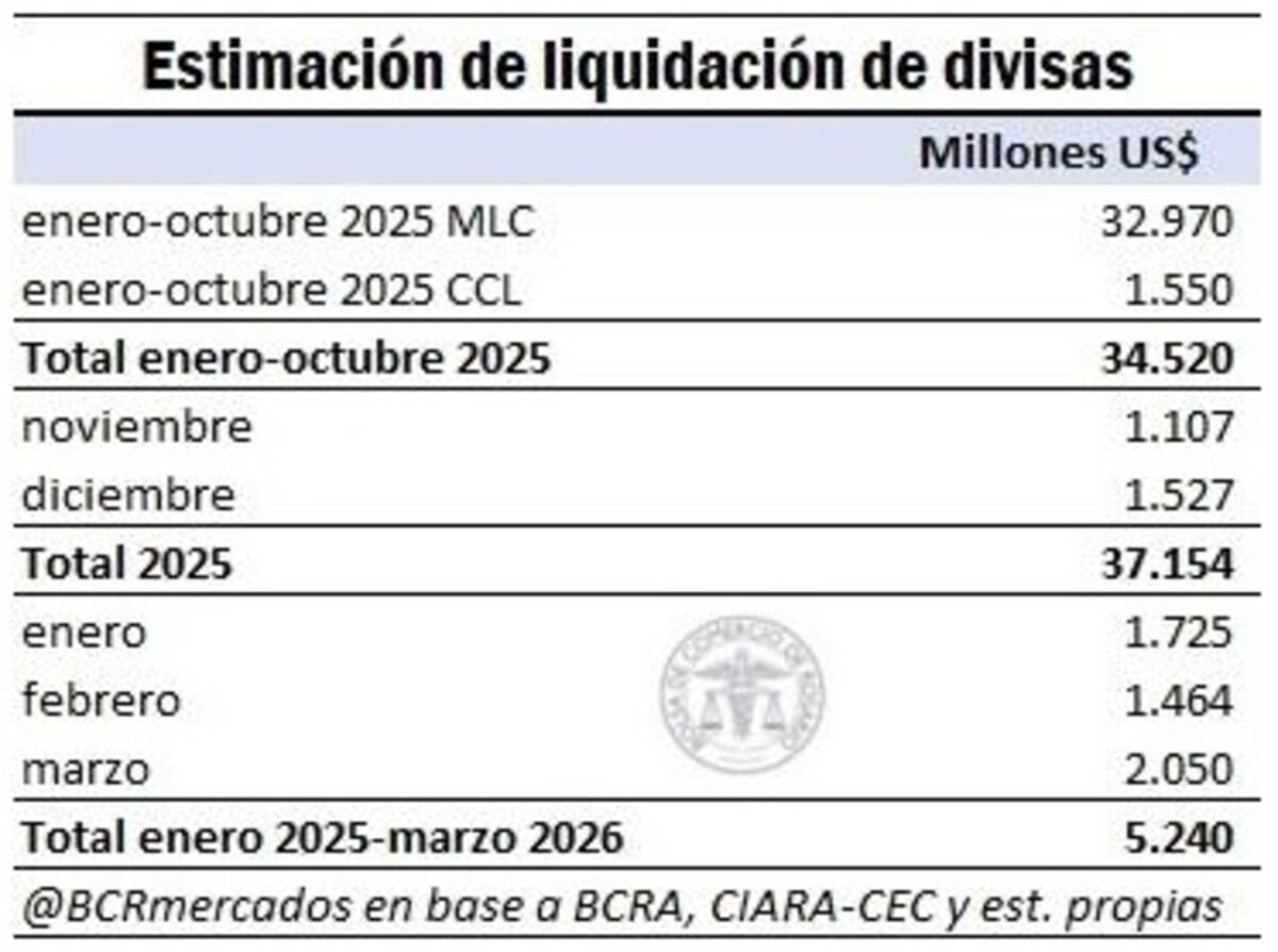 DÓLARES. Estimación de liquidación de divisas de la BCR. (Gentileza BCR)