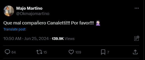El tweet de Majo Martino sobre Ricardo Canaletti.