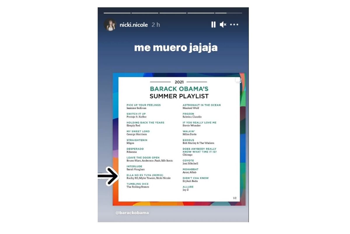 La historia de Nicki Nicole compartiendo la playlist de Obama. (Instagram).