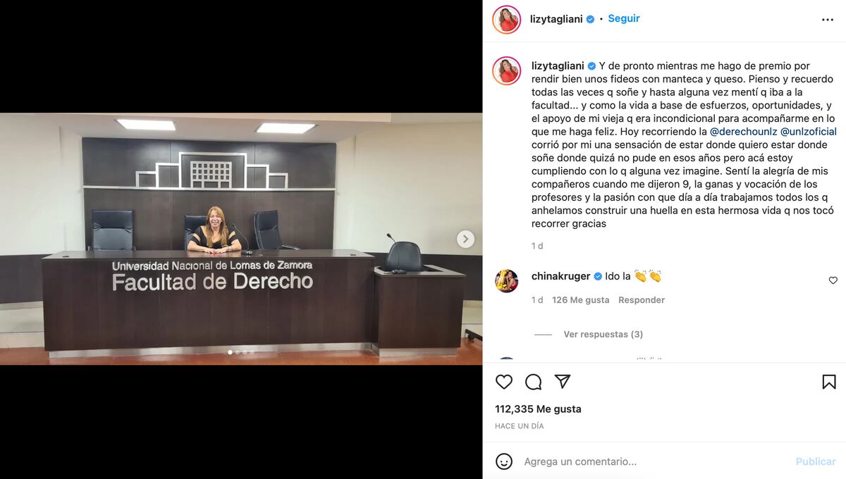 El posteo de Lizy en Instagram contando que aprobó.