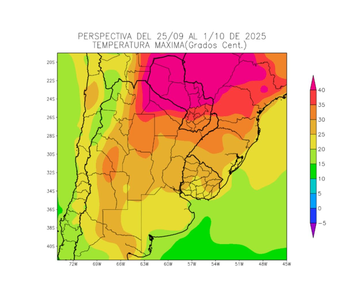 Perspectiva agroclimática: temperaturas máximas durante el 25 de septiembre y el 1 de octubre. (Gentileza Bolsa de Cereales de Buenos Aires)