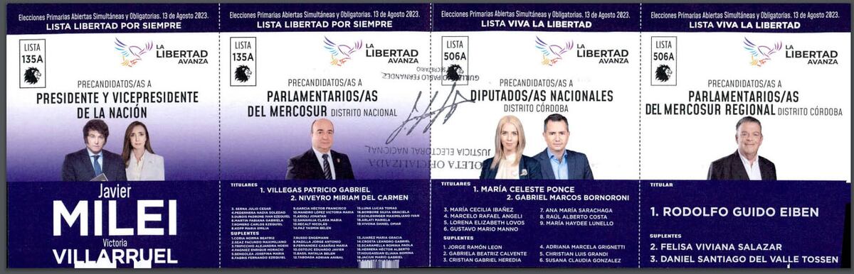 Elecciones Paso 2023 en Córdoba: boleta de La Libertad Avanza, de Javier Milei