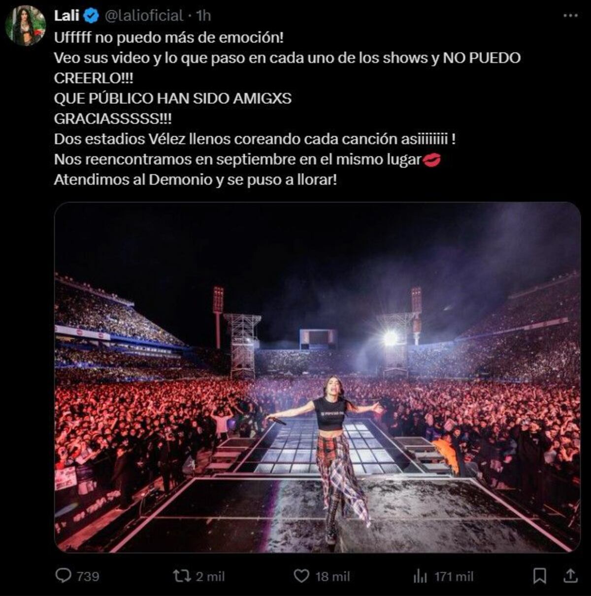 Los mensajes de Lali después de sus dos shows en Vélez. (Foto: captura de pantalla)