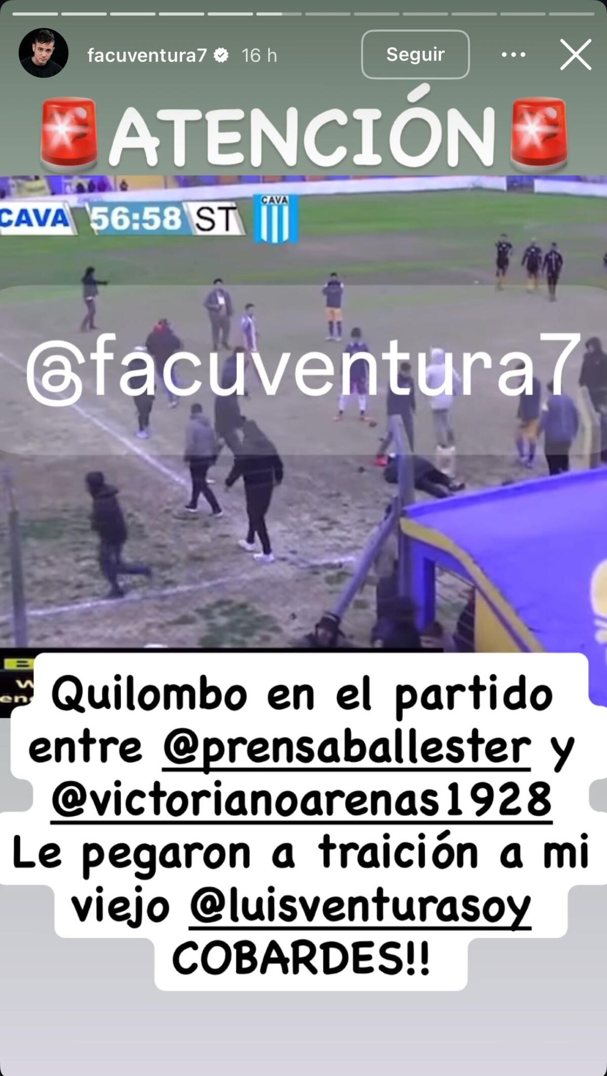 Luis Ventura fue agredido en el partido de ascenso entre Victoriano Arenas, el equipo del que es mánager, y Central Ballester (Captura de pantalla)