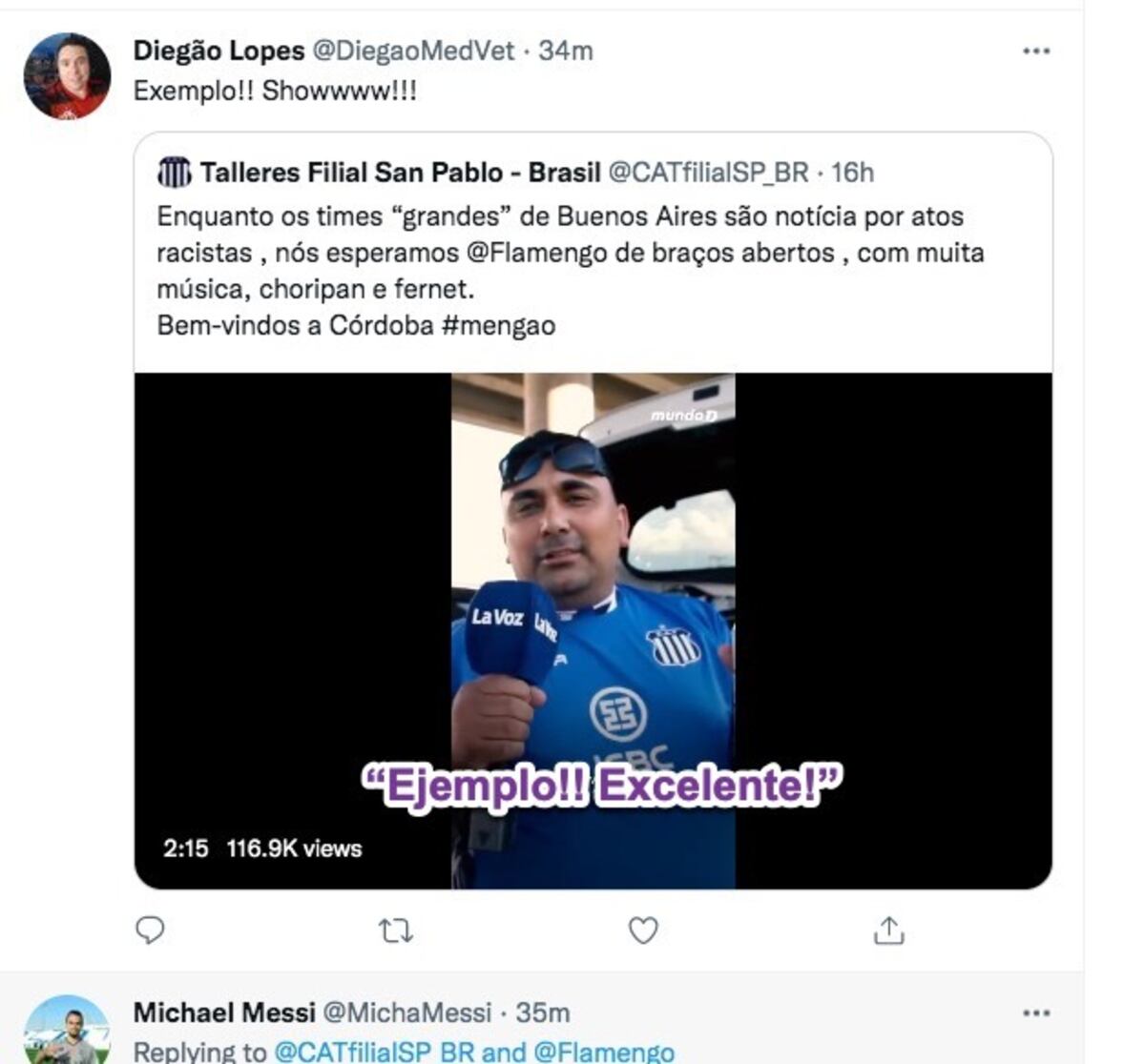 La hinchada de Flamengo elogiando a la de Talleres en redes sociales.