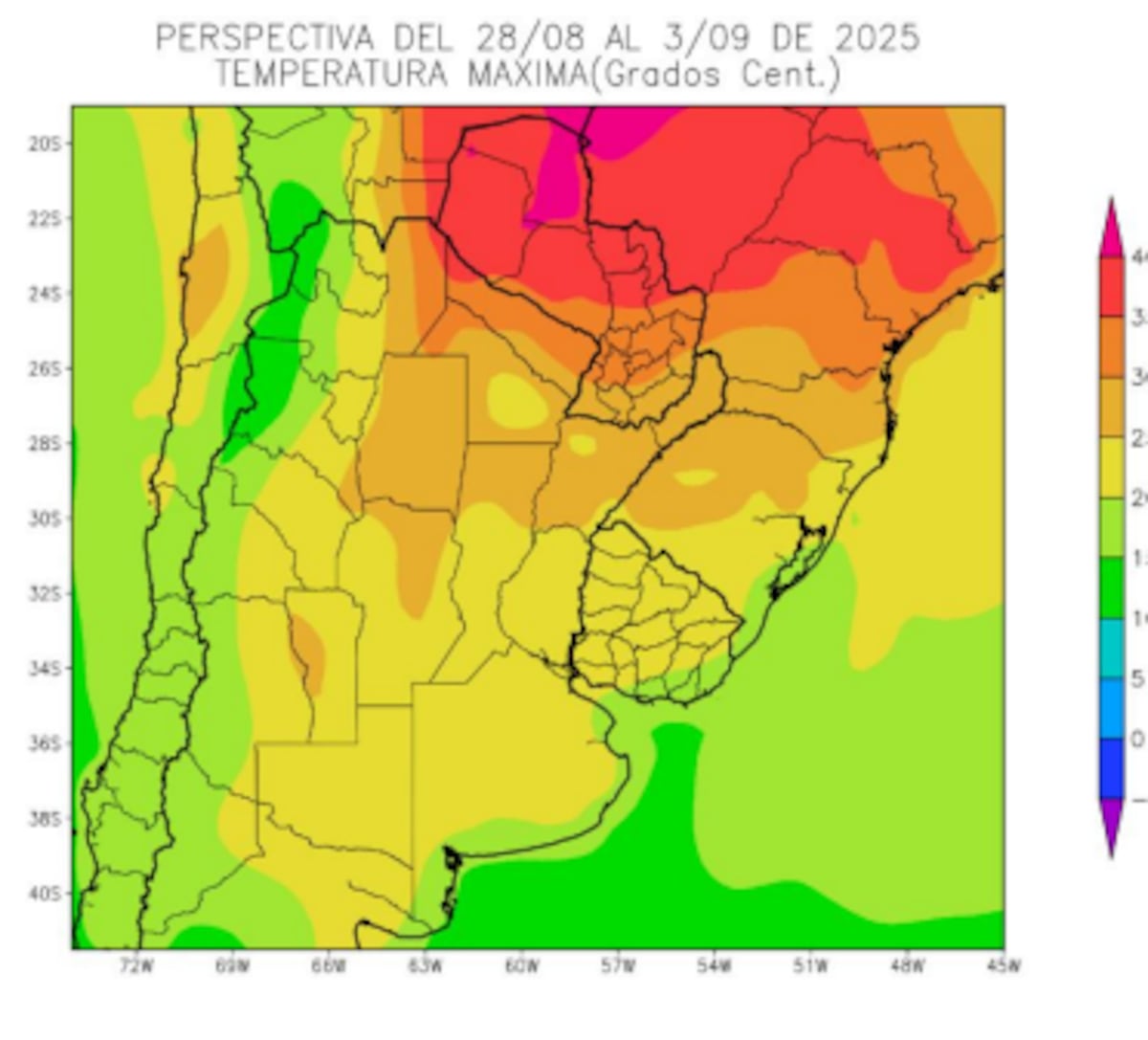 CLIMA. Perspectiva Climática del 28 al 3 de septiembre, temperatura máxima. (Gentileza Bolsa de Cereales)