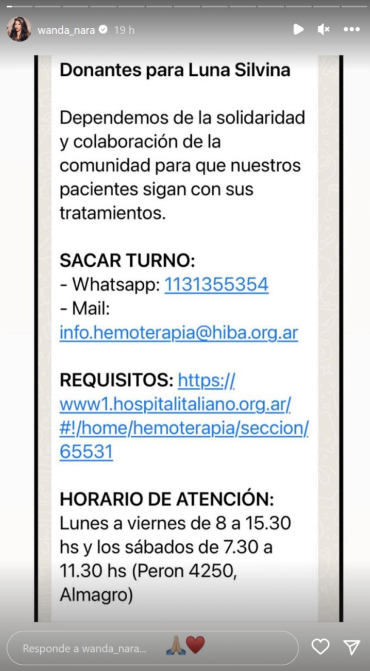 El pedido que Wanda Nara compartió en su cuenta de Instagram en relación a la salud de Silvina Luna. (Foto: Captura de pantalla)