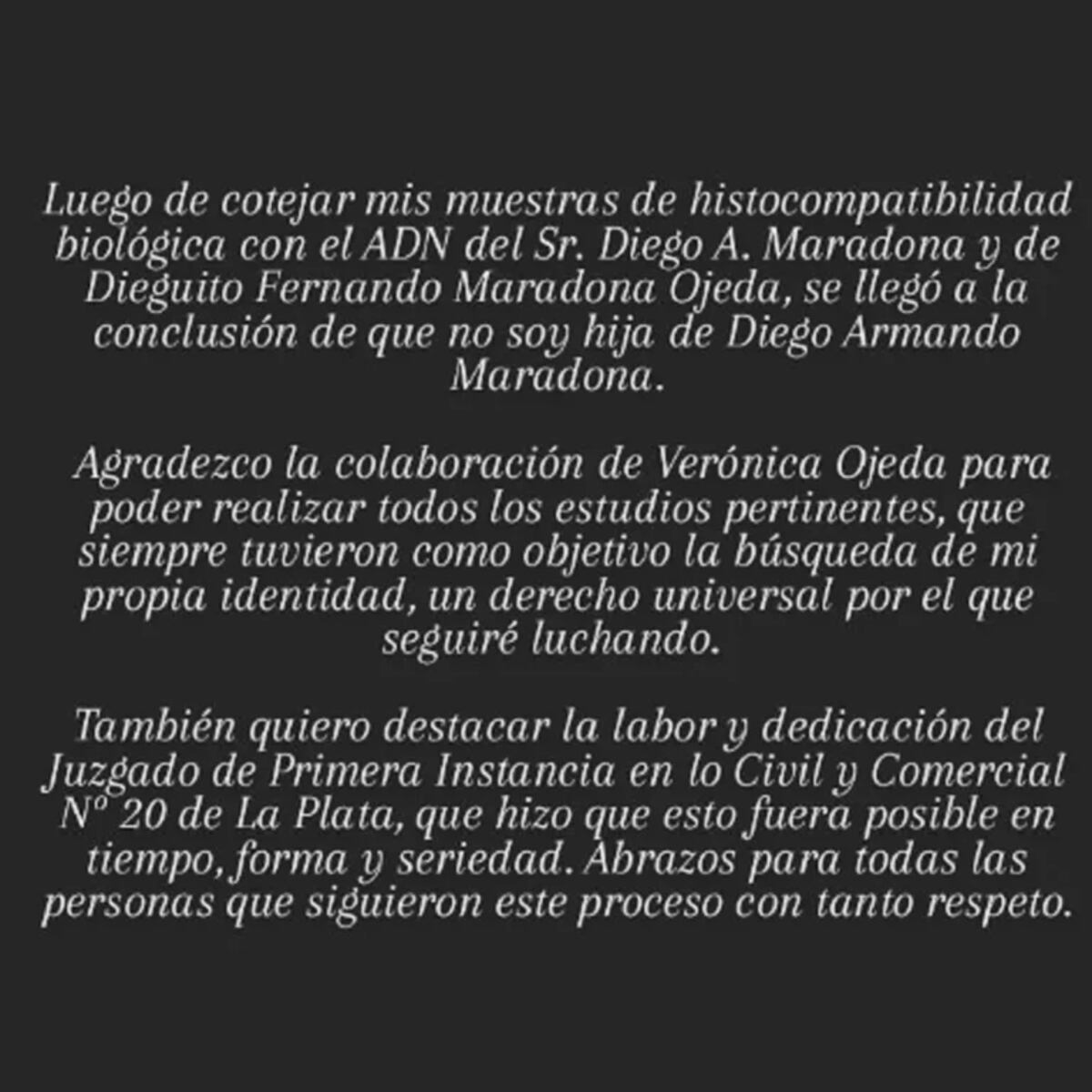 El comunicado de Magalí Gil tras conocerse que no es hija de Diego Maradona.