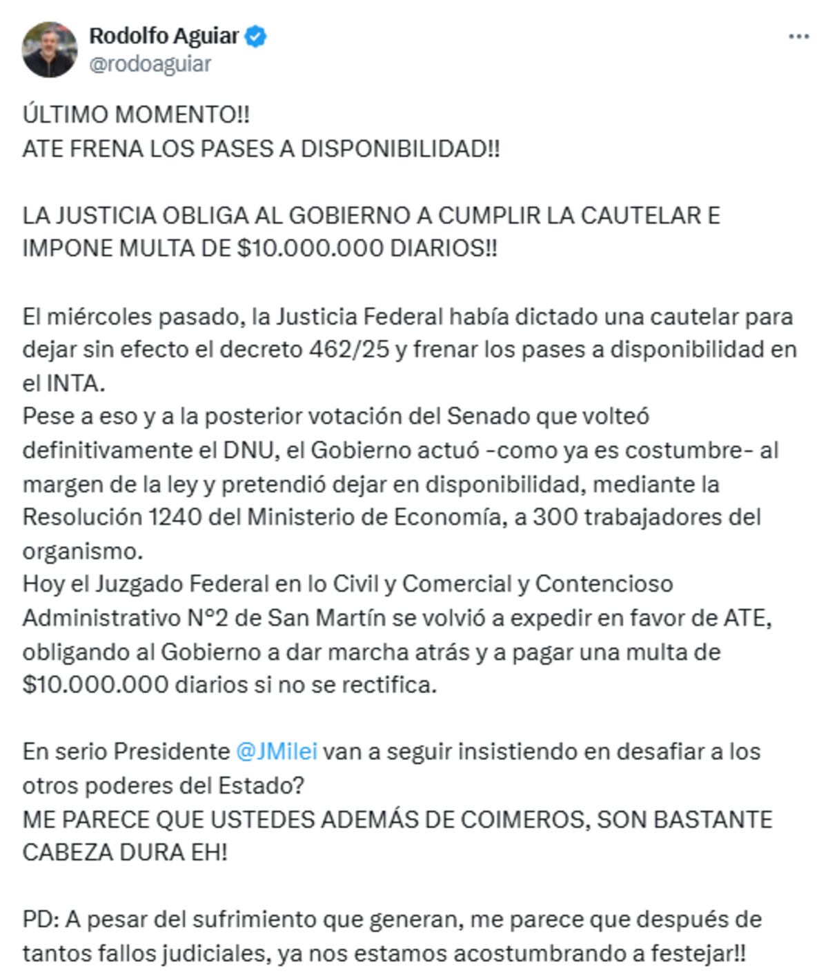 Rodolfo Aguiar, Secretario General de la ATE por la red "X"