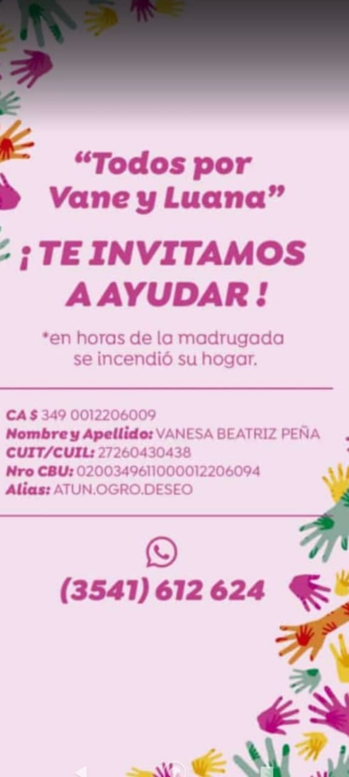 La cuenta en la que los amigos y vecinos de Vanesa depositan ayuda monetaria para la mujer.