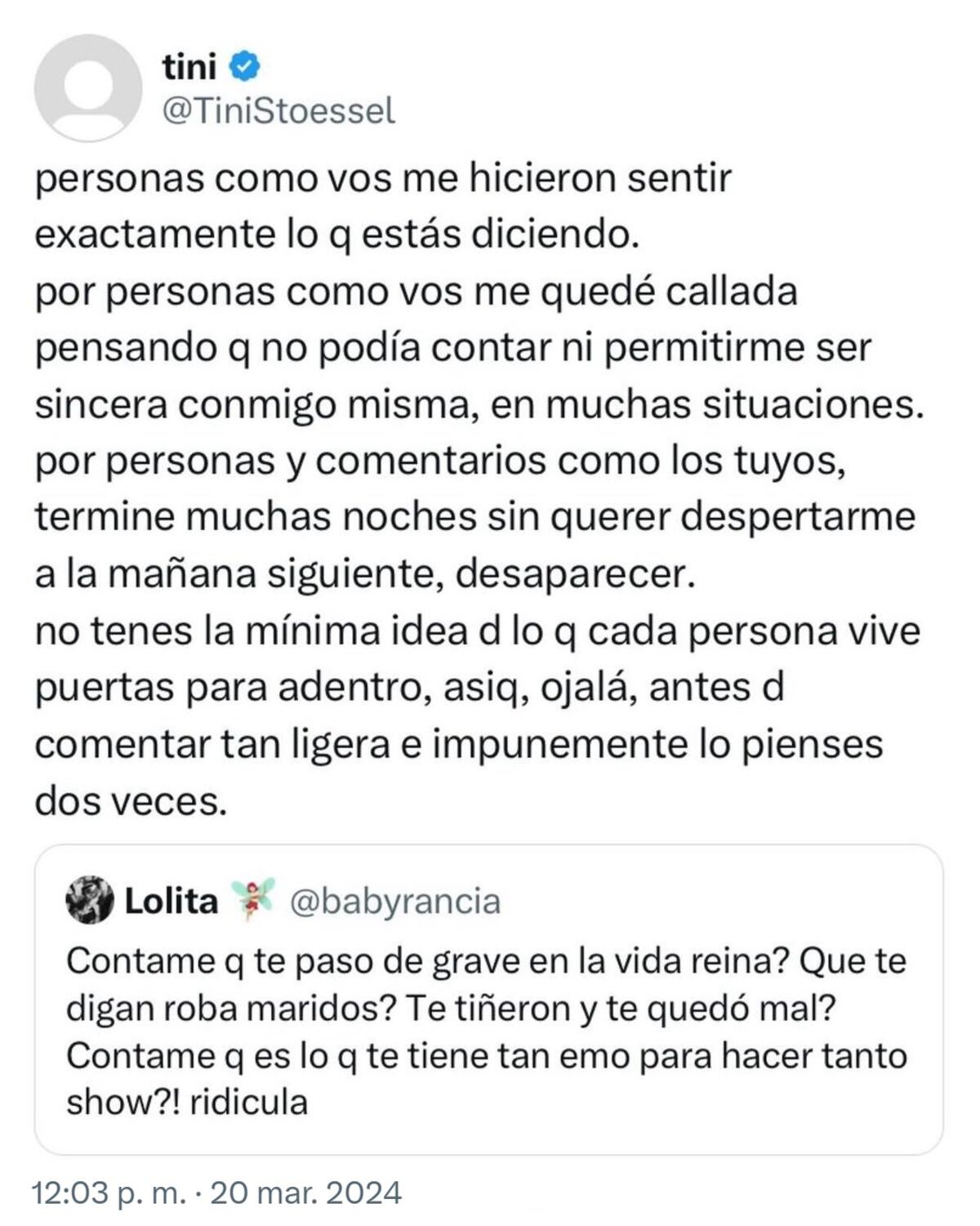 Tini Stoessel le contestó a una usuaria de X