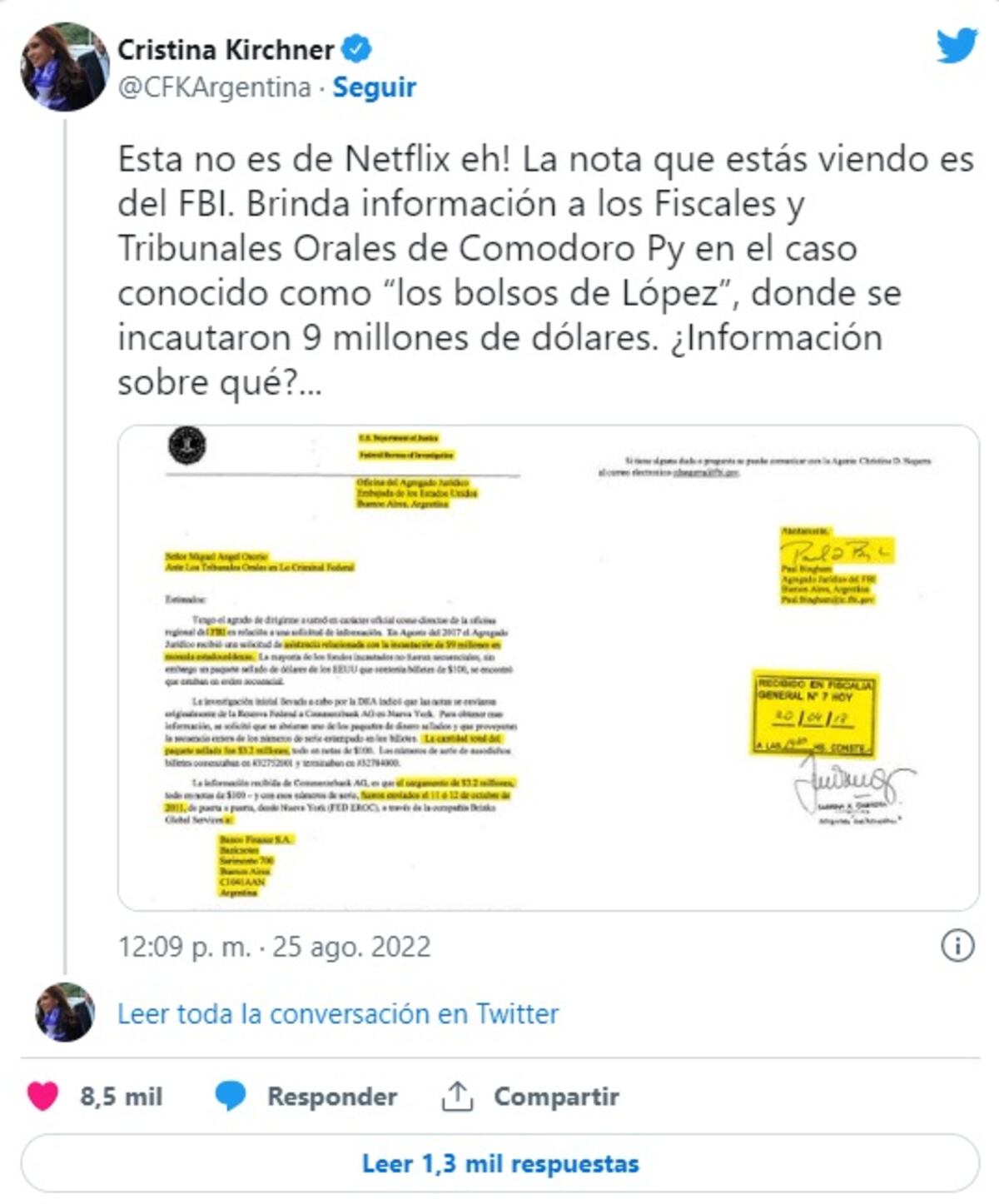Nuevo tuit de Cristina Kirchner contra la Justicia. (Captura de pantalla)