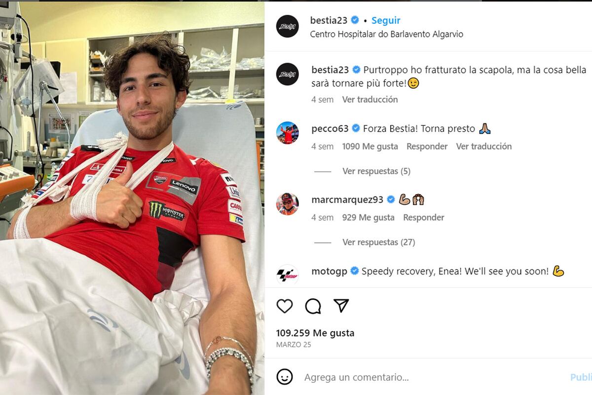 "Lamentablemente me fracturé la escápula, pero lo lindo será volver más fuerte", publicó Enea Bastianini desde el hospital tras la fecha inaugural en Portugal. (@bestia23)