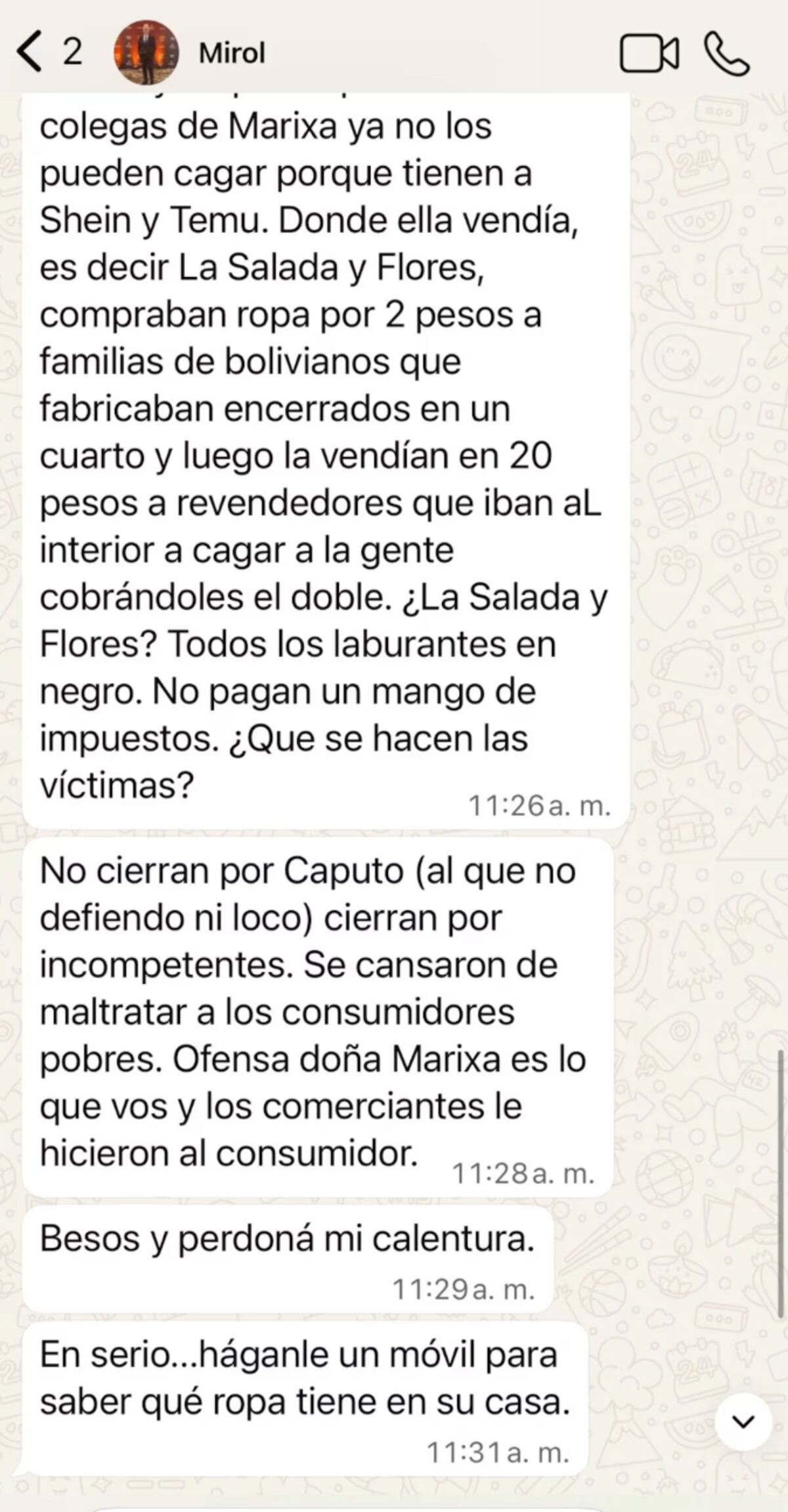 Los mensajes que Esteban Mirol le envió a Ángel de Brito en contra de Marixa Balli. (Fotos: Captura de pantalla)