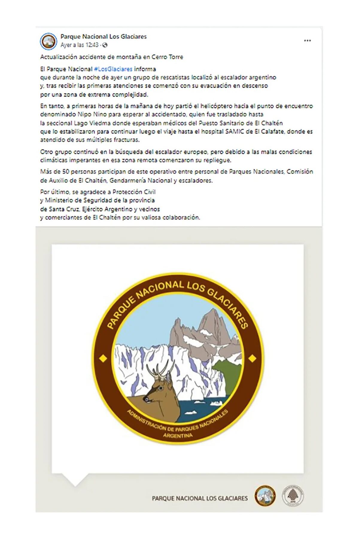 El comunicado del Parque Nacional Los Glaciares tras el fin de la búsqueda.