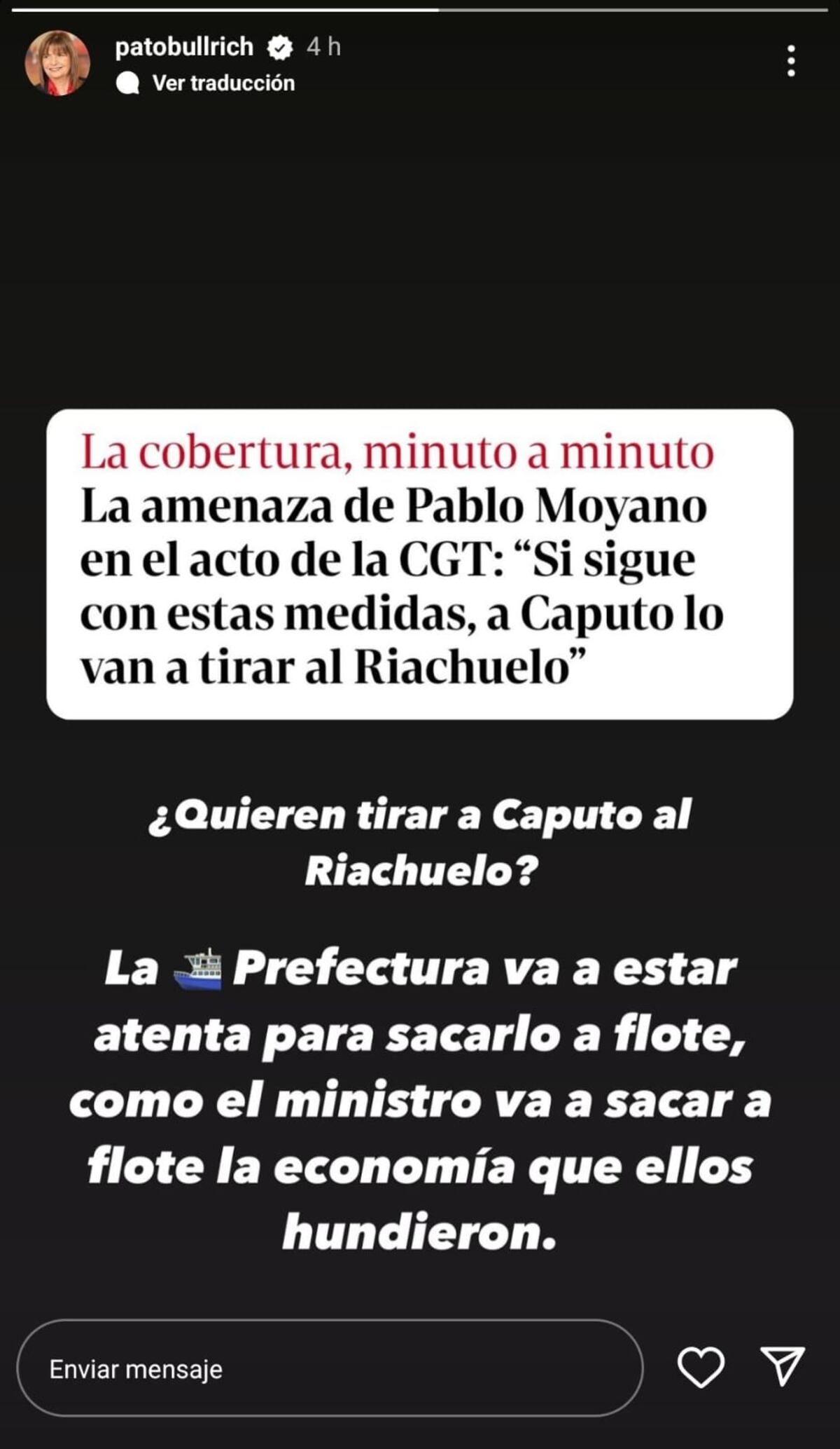 La ministra de Seguridad, Patricia Bullrich, se refirió a los dichos de Pablo Moyano. (Captura)