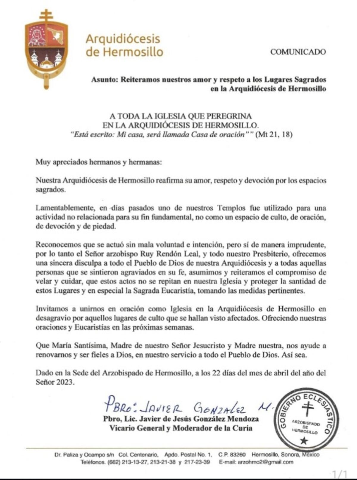 El comunicado que lanzó La Arquidiócesis de Hermosillo por lo ocurrido con el rapero Alemán (Foto: Facebook)