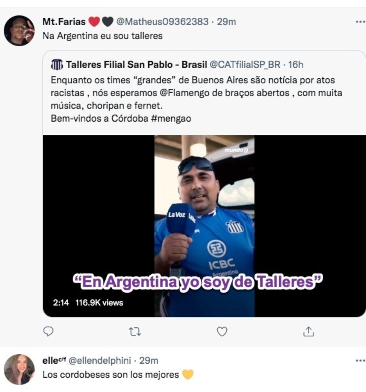 La hinchada de Flamengo elogiando a la de Talleres en redes sociales.