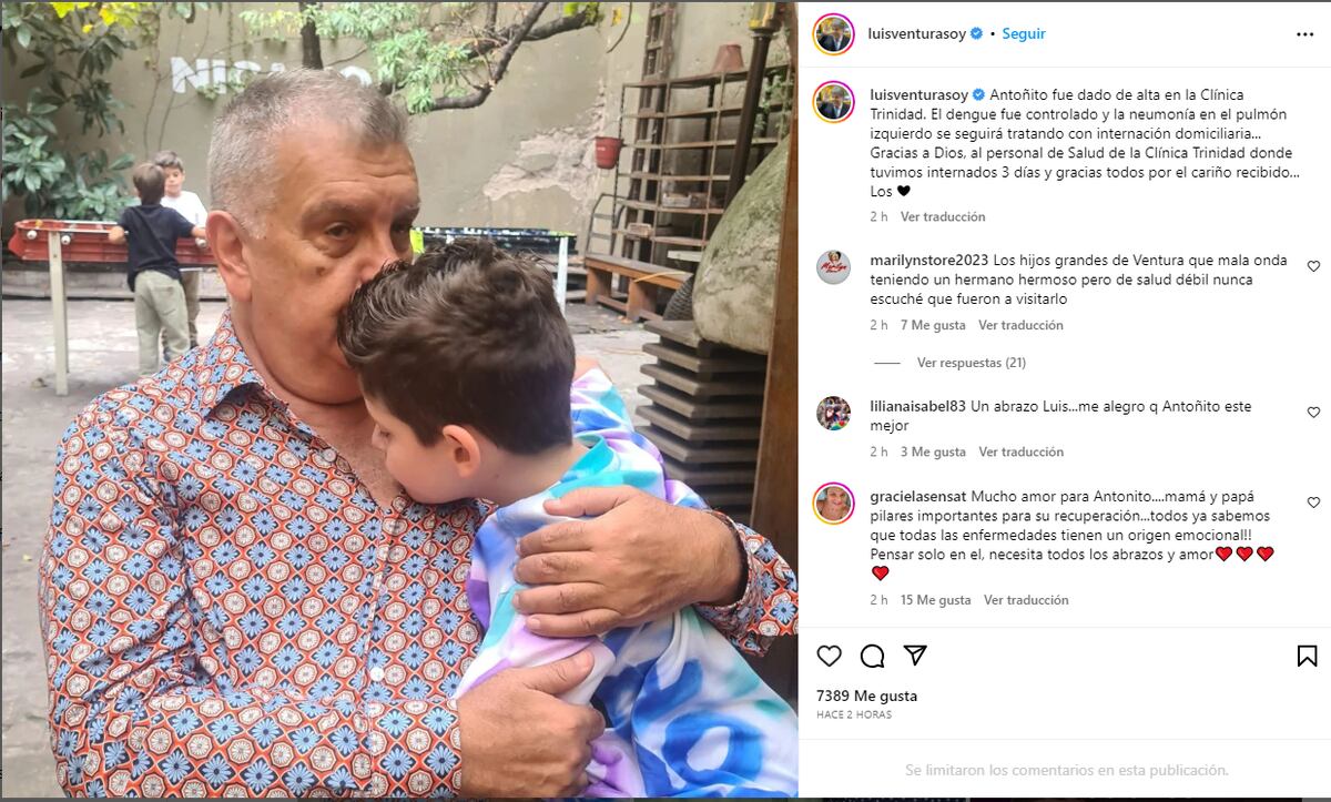 Luis Ventura anunció que Antonio recibió el alta. (Instagram Luis Ventura)