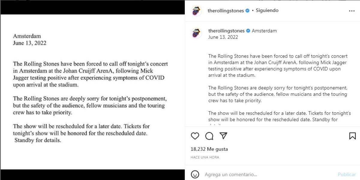 El comunicado en el que los Stones anuncian la cancelación de su show de Ámsterdam. (Captura)