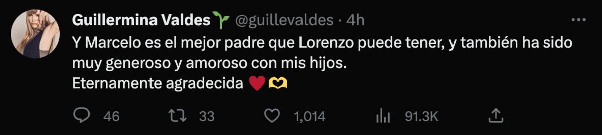 Los tuits de Guillermina Valdés en defensa de Marcelo Tinelli y Sebastián Ortega.