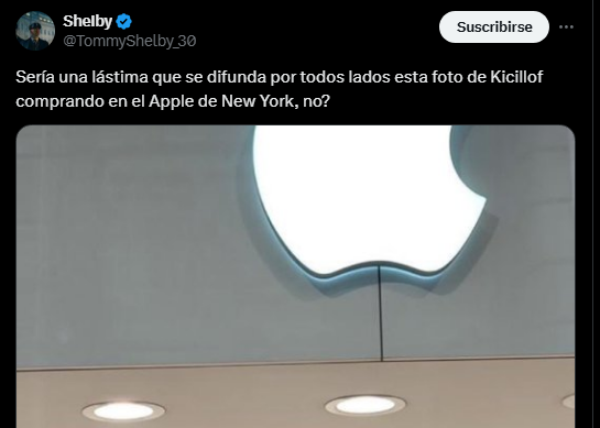 La imagen falsa de Axel Kicillof supuestamente comprando en un Apple Store en Nueva York fue compartida por cuentas libertarias en redes sociales. (Captura)