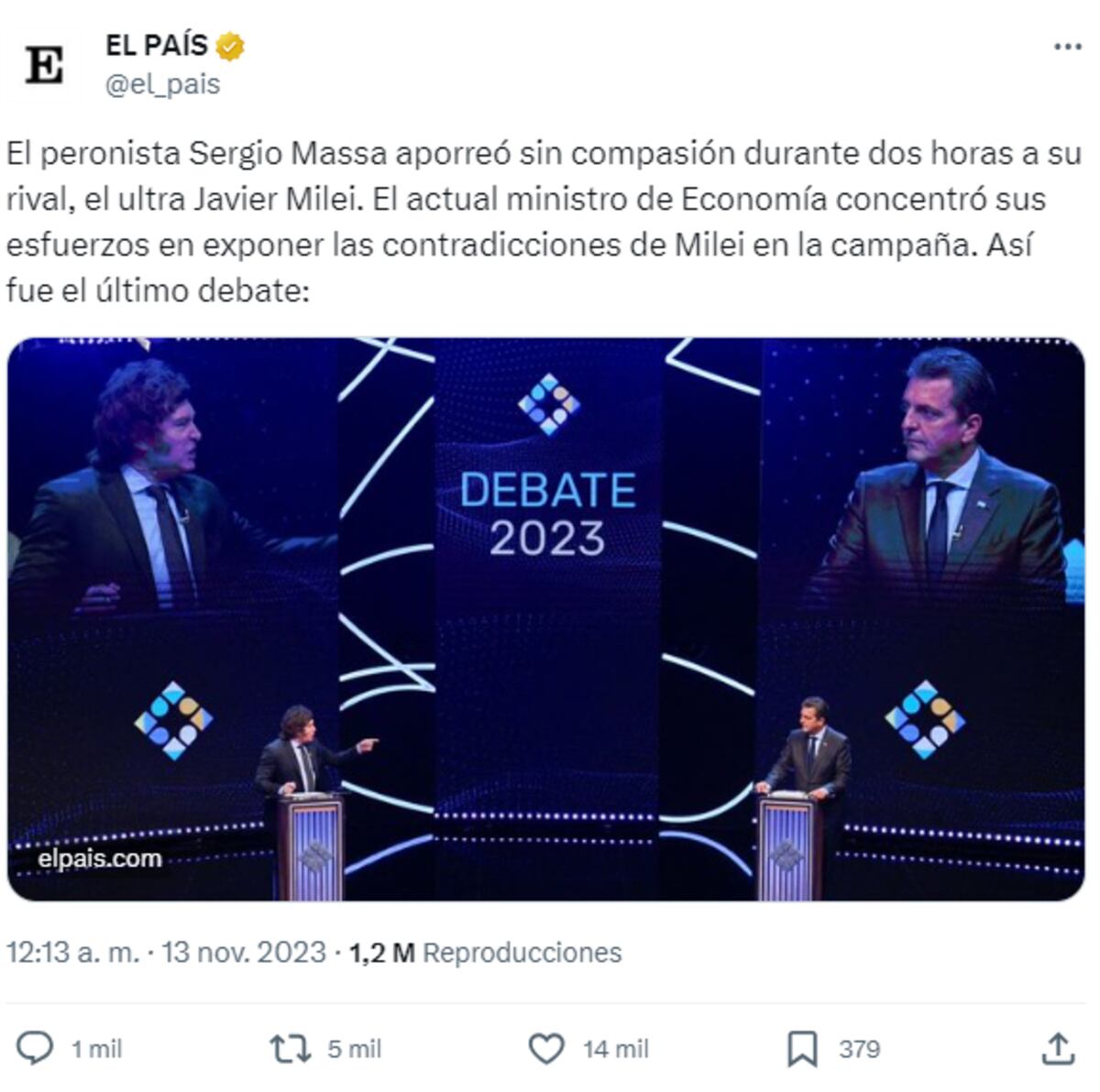 Posteo del diario El País de España sobre Milei vs. Masa.
