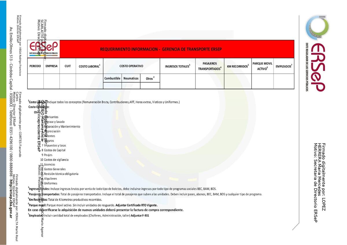 Modelo de la planilla Excel que el Ersep exige a las empresas de transporte interurbano de pasajeros en Córdoba.
