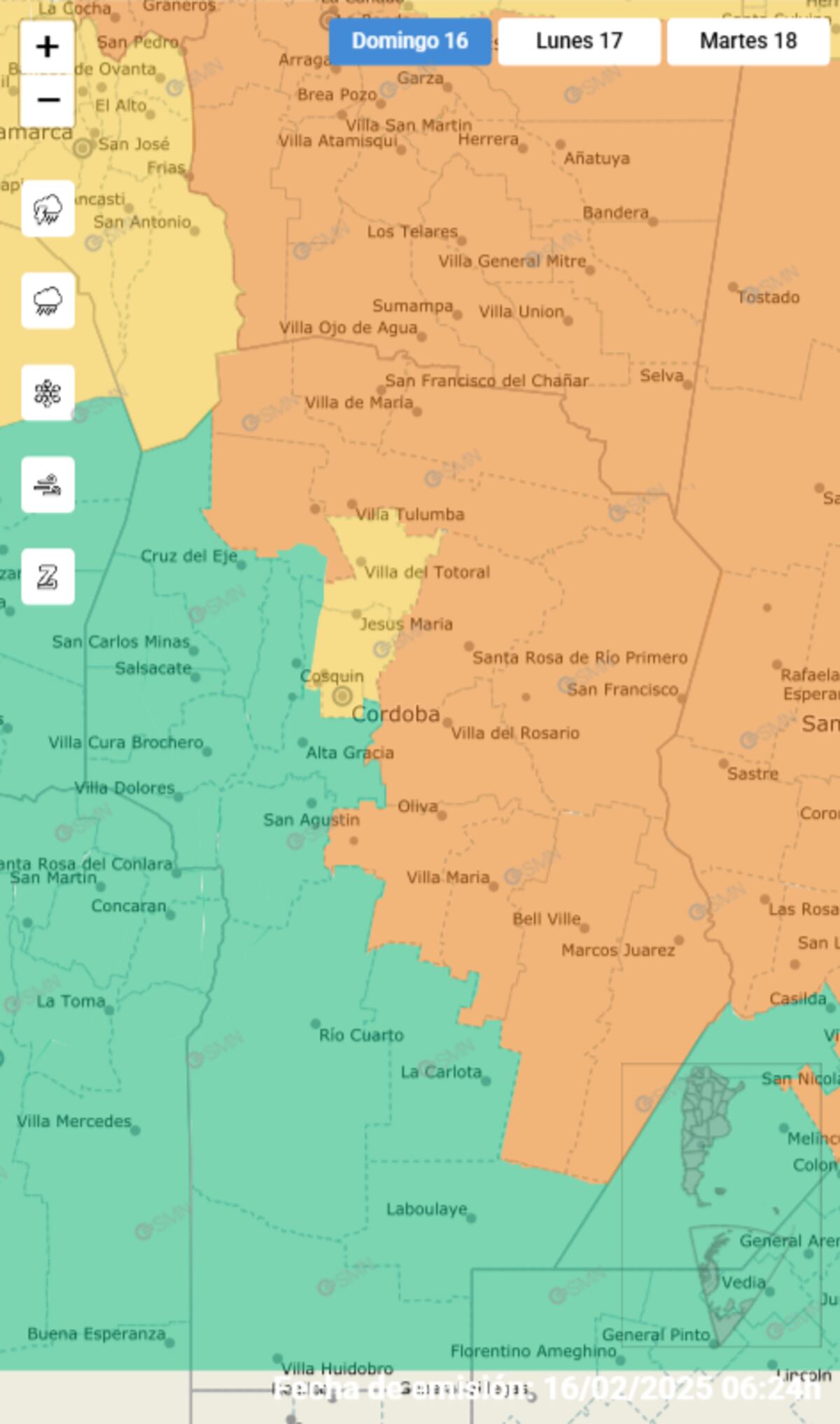 Alertas amarilla y naranja por tormentas para este domingo 16 de febrero. (SMN)