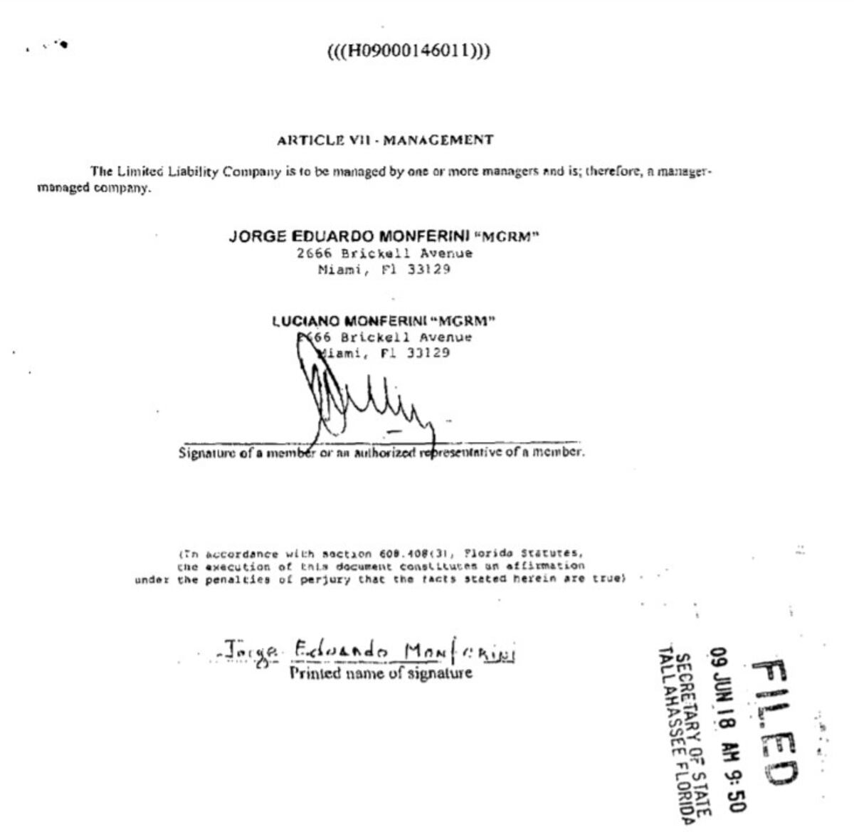 Titulares. Jorge Eduardo Monferini y su hijo Luciano integran la sociedad La Reversa, con sede en Miami.