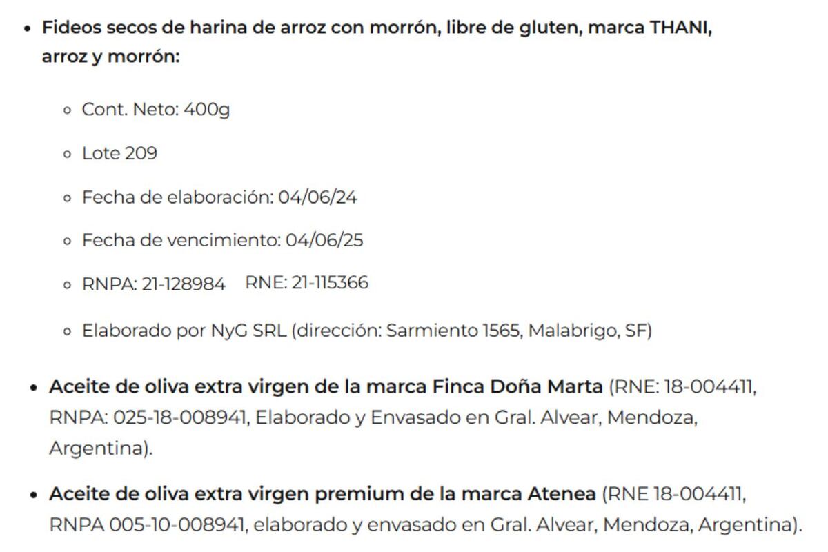 Fideos "sin TACC" contaminados y aceites de oliva falsificados: las especificaciones de los productos irregulares encontrados en venta. (Gobierno)