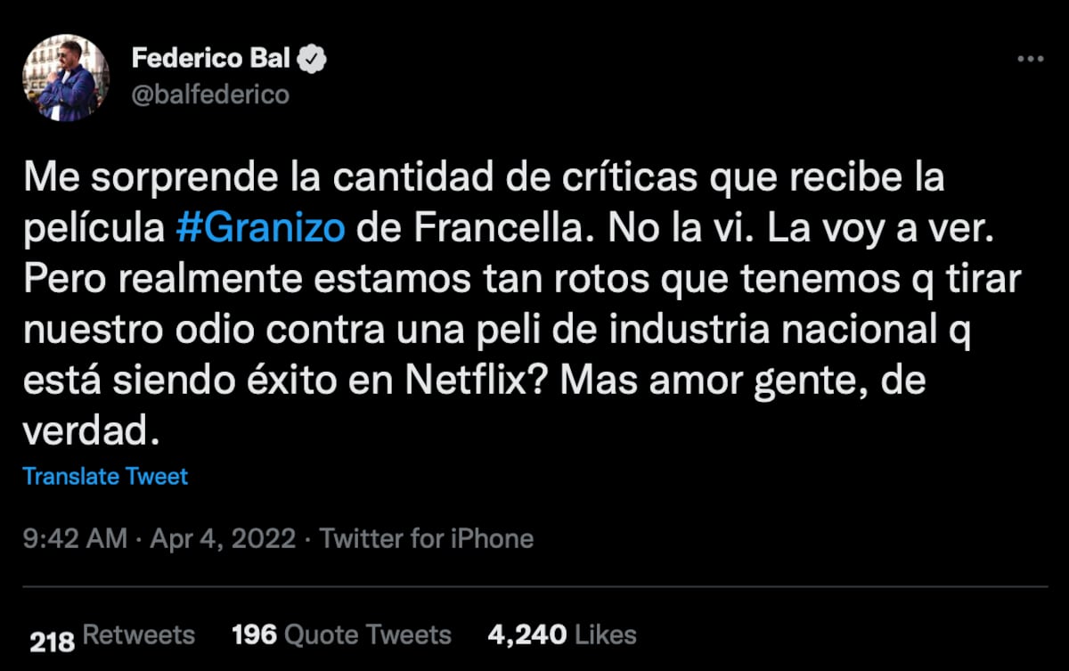 La opinión de Fede Bal sobre Granizo